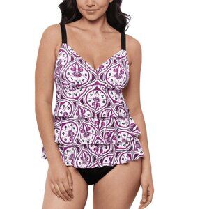 NWT Swim Solutions Printed Tiered Fauxkini One-Piece Swimsuit Magenta Purple 16